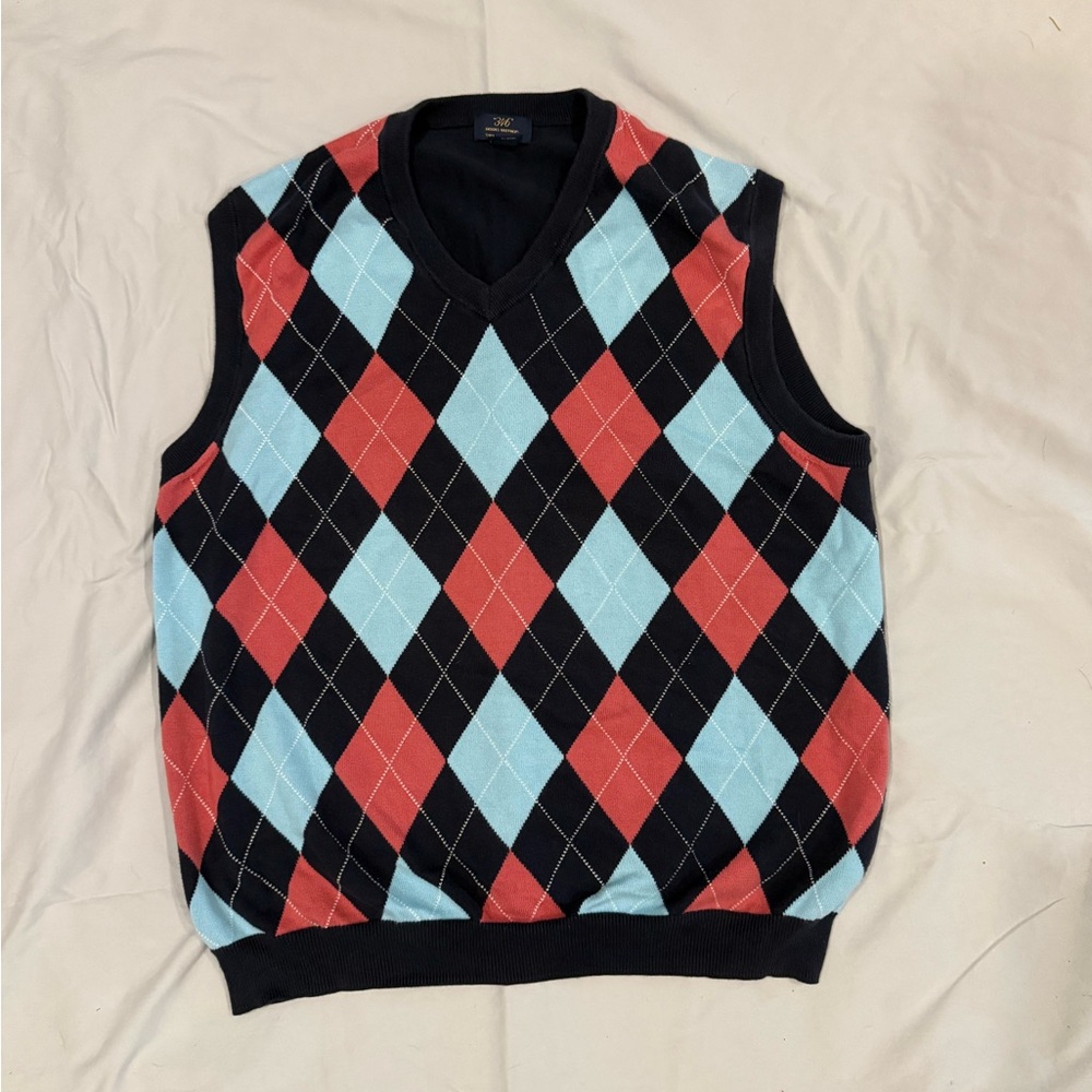 Brooks Brothers - Argyle Sweater Vest in Navy, Coral, and turquoise.